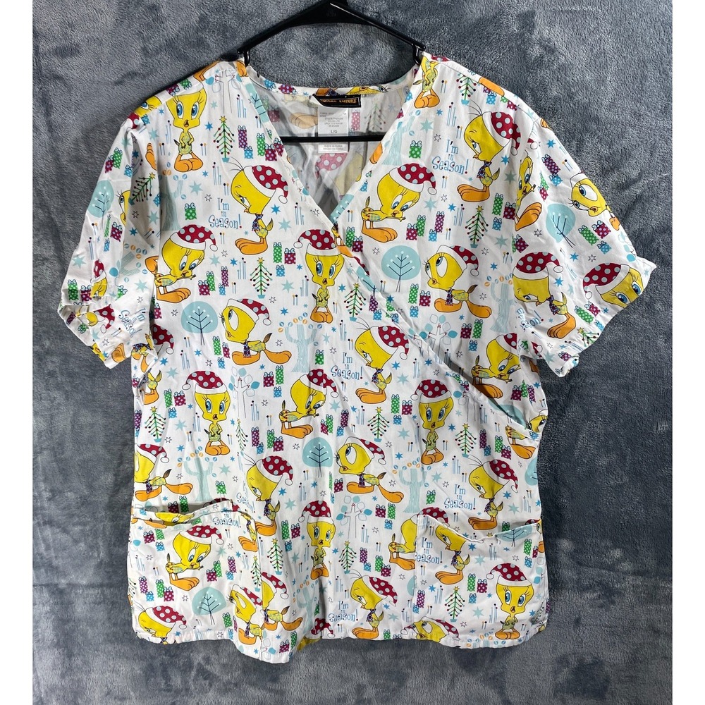 Looney Tunes Scrub Top Women Large Short Sleeve Christmas Tweety Bird AOP